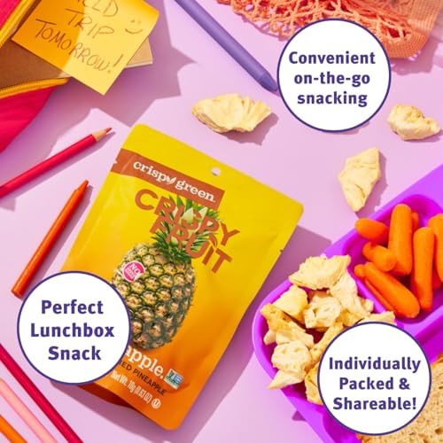 Crispy Green Freeze-Dried Pineapple Fruit Snacks, 0.63 Oz (Pack of 12), 100% Pure Fruit, All-Natural, No Added Sugar, Single-Serve Bags for Healthy Snacks & School Lunches