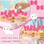 24 Pcs Pink Cat Cupcake Toppers Bow Cake Toppers Cute Kawaii Cake Decorations Kitty Birthday Party Decorations for Girls Kitten Anime Theme Party(Classic Pink)