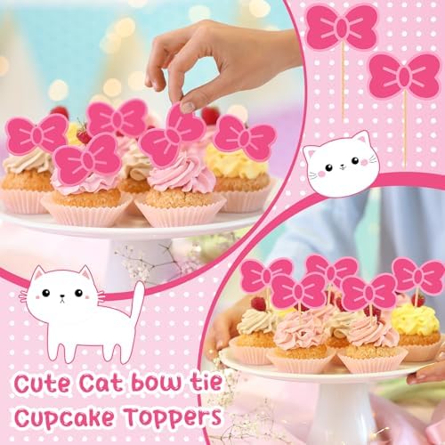 24 Pcs Pink Cat Cupcake Toppers Bow Cake Toppers Cute Kawaii Cake Decorations Kitty Birthday Party Decorations for Girls Kitten Anime Theme Party(Classic Pink)