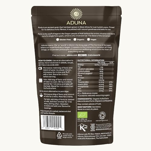 Aduna Organic Fonio Supergrain | Ancient African Whole Grain Rich in Iron, Zinc, B Vitamins & Fiber | Natural Gluten-Free Rice, Quinoa & Couscous Alternative | Porridge, Salads, & Stir-Fries | 1kg