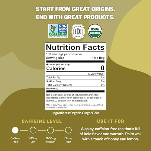 FGO Organic Ginger Tea, Caffeine Free, 100 Count, Eco-Conscious Tea Bags, Resealable Bag, Packaging May Vary (Pack of 1)