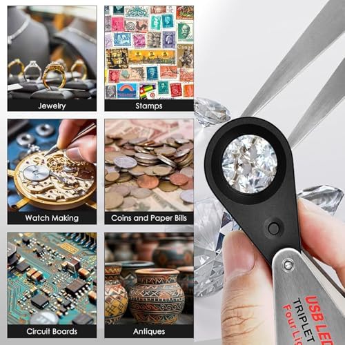 Rechargeable 30x Jewelers loupe with Light and Four Types of Light, 22mm Triplet Lens Pocket Foldable Eye Loop Magnifier Jewelry Coins Magnifying Glass for Gemstone, Diamond, Stamps, Watches, Plants