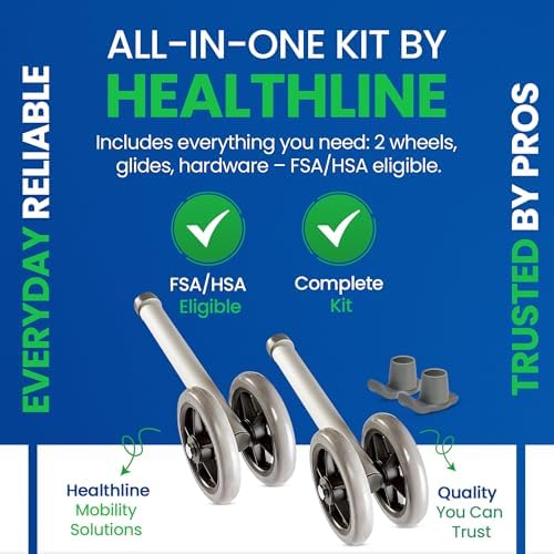 Healthline Heavy Duty Bariatric Walker Wheels – 5” Double Wheel Pair with 2 Glide Tips – Universal Replacement Kit for Standard and Folding Walkers – Sturdy Rubber Wheels, Up to 450 lbs Capacity