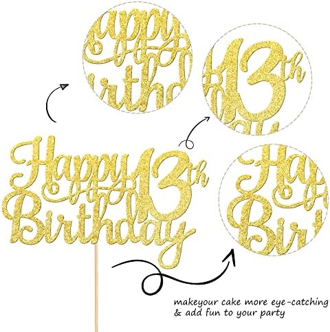 1 PCS Happy 13th Birthday Cake Topper Gold Glitter Cheers to 13 Years Birthday Cake Pick Official Teenager 13 Fabulous Cake Decoration for Happy 13th Birthday Theme Party Decorations Supplies