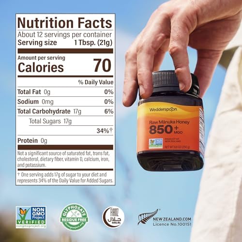 Wedderspoon Raw Manuka Honey 850+ MGO, 8.8 Oz, Unpasteurized New Zealand Honey, Non-GMO, BPA-Free Jar, Superfood & Natural Wellness Support