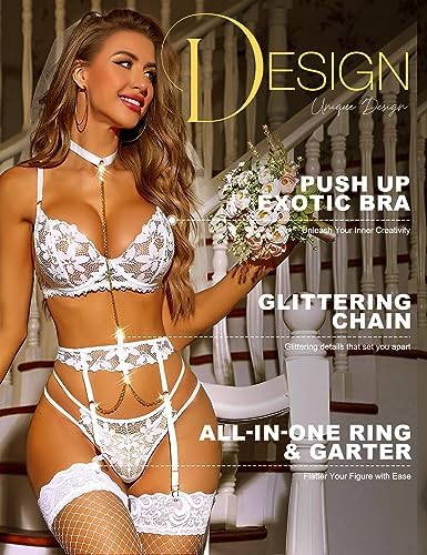 RSLOVE Women's Lingerie Sets with Garter Belt 3 Piece Sexy Lace High Waist Bra and Panty Set Push Up Exotic Sleepwear