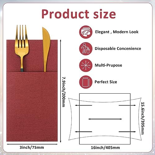 Cindeer 75 Pcs Burgundy Linen Dinner Feel Napkins with Built in Flatware Pocket Prefolded Paper Disposable Airlaid Guest Hand Towel for Silverware Wedding Reception Christmas Baby Shower