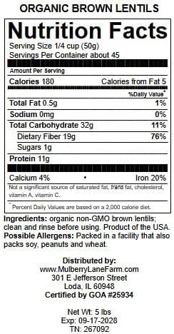 Brown Lentils, Small, 5 Pounds USDA Certified Organic, Non-GMO, Bulk, Product of USA, Mulberry Lane Farms