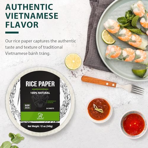 Soeos Rice Paper, White Rice Paper Wrappers, 1 Pack, 34 Sheets-Fresh Spring Roll Wrappers & Dumplings, Non-GMO, Gluten-Free, Low Carb, Vietnamese Rice Wraps (Round, 22cm)