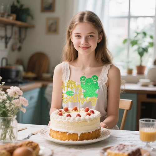 Happy Birthday Frog Cake Topper - Gold & Green Glitter Animal Theme Cake Decorations - Ribbit Birthday Party Cake Toppers for Kids