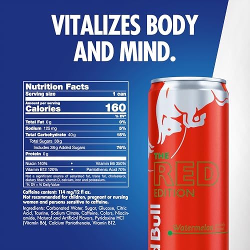 Red Bull Red Edition Energy Drink, Watermelon, with 114mg Caffeine plus Taurine & B Vitamins, 12 Fl Oz, Pack of 24 Cans