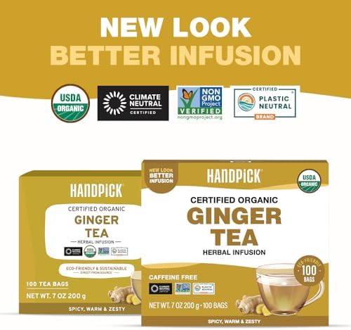 HANDPICK, Organic Ginger Tea Bags (100 Herbal Tea Bags), Caffeine Free & 100% Pure Ginger Root |Soothing & Spicy Blend | Round Eco Conscious Teabags