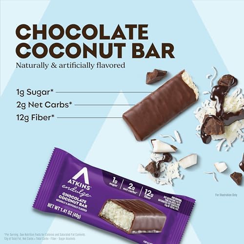 Atkins Endulge Chocolate Coconut Flavored Snack Bar, 1g Sugar, 12g Fiber, Low Sugar Snack, High Fiber Bars, Keto Friendly Treat, 16 Count