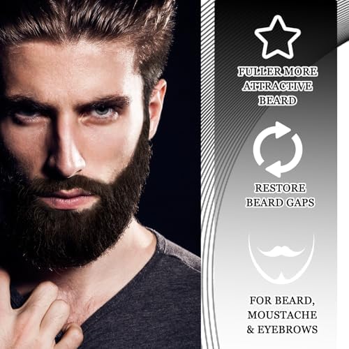 Beard Pencil Filler for Men, Waterproof High Coverage Beard Pen Kit with Beard Brush,Sweatproof Long Lasting Mustache Eyebrows Repair Pen with 4 Micro-Fork Tips（Black）