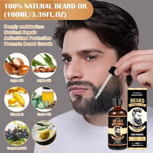 Beard Growth Oil for Men, 100% Natural Beard Oil with Argan Oil, Jojoba Oil, Castor Oil - 3.38 FL/100ML Fresh Fragrance Beard Conditioner Softens, Nourishes,Strengthens, Promotes Beard Growth