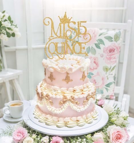 Mis Quince 15 Cake Topper, 15 Quinceanera Cake Decorations, Hello Fifteen Happy 15th Birthday Party Decoration Supplies, Feliz 15 Anos Cake Topper Gold Glitter