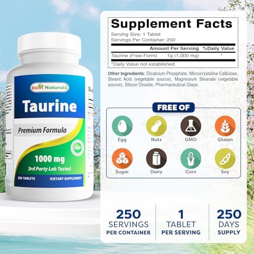 Best Naturals Taurine 1000 mg 250 Tablets - Supports Eye Health, Healthy Cellular Activity & Cardiovascular Health