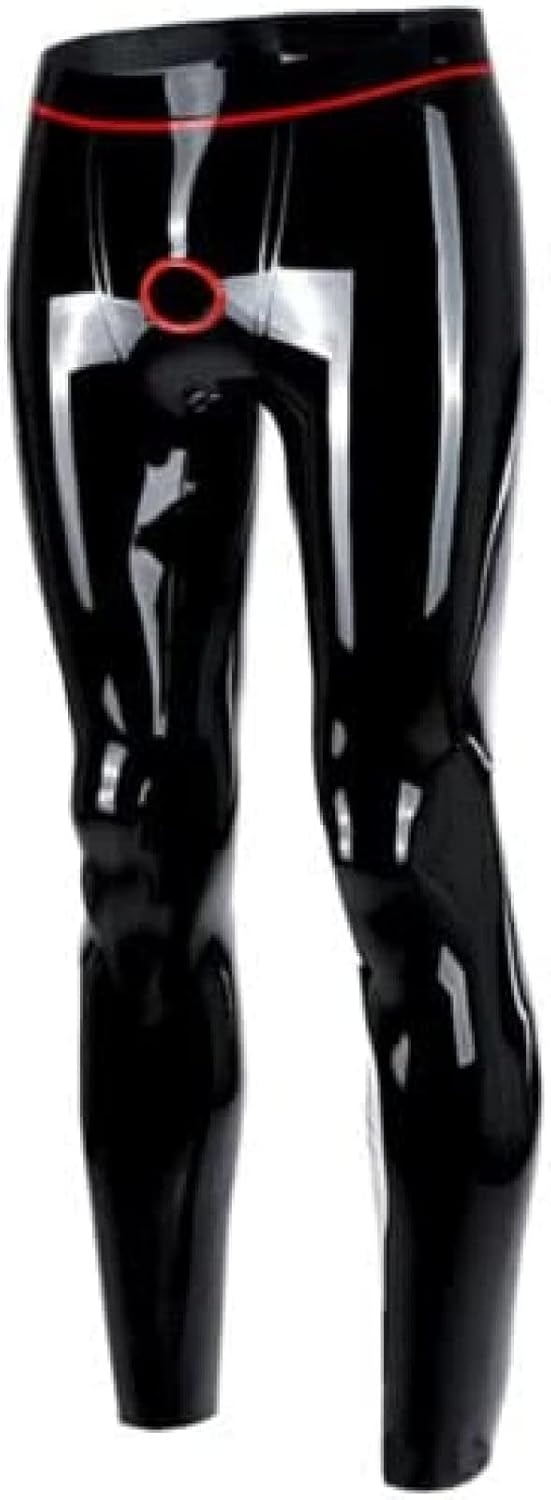 Latex Men Trousers with Trims Ring Holes Skinny Latex Leggings,Black,Large