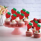24 PCS Strawberry Cupcake Toppers Red Glitter Fruit Theme Berry Strawberry Cupcake Picks for Summer Sweet Fruit Baby Shower Kids Birthday Party Cake Decorations Supplies Red