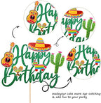 1 PCS Mexican Fiesta Happy Birthday Cake Topper Glitter Cactus Donkey Maraca Sombrero Guitar Cake Pick for Mexican Fiesta Theme Baby Shower Birthday Party Cake Decorations Supplies