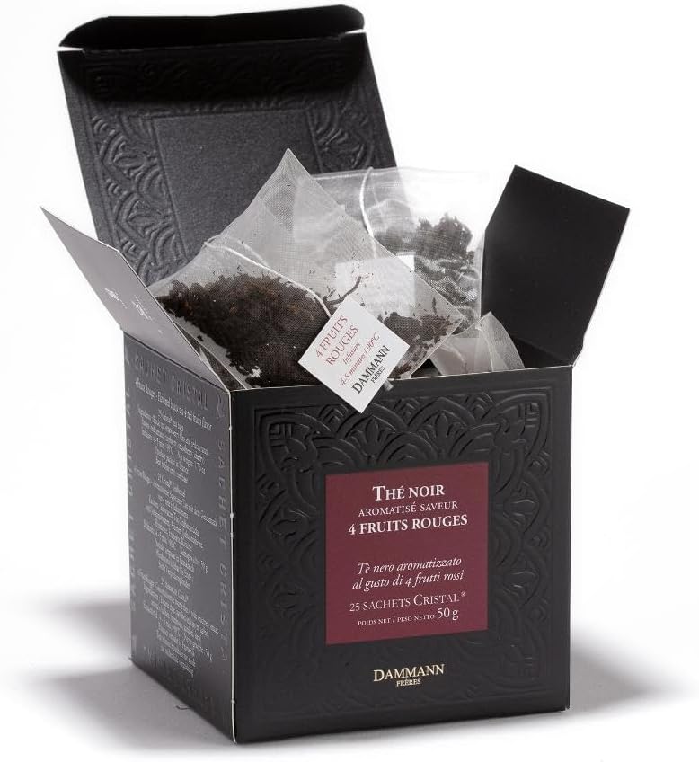 Dammann Freres Sachets, Quatre Fruits Rouges Tea Bags, Premium Gourmet French Black Tea, Blend Strawberry, Cherry, Raspberry, Red Currant Flavors, 25 Count (Single Pack)