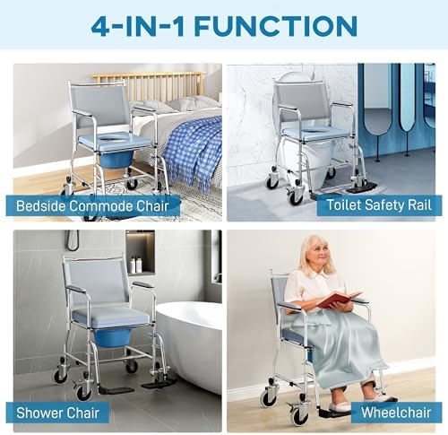 HOMCOM 3 in 1 Shower Commode Wheelchair with 4 Lockable Wheels, Bedside Commode Chair with Arms, Footrests, Detachable Bucket, for Senior & Handicap, 300lbs Capacity, Gray