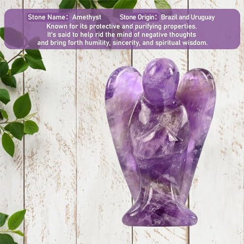 WHAL&YUNE Amethyst Angel Figurine Natural Energy Healing Crystals Gemstone Hand Carved Sculpture for Home Office Desk Decor Holiday Lucky Gift - 2 inches