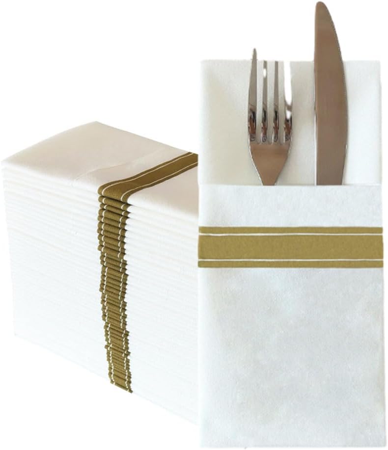 Mudhen 50 Packs Disposable Linen-Feel Dinner Napkins with Built-in Flatware Pocket, Printed Prefolded Cloth Like Paper Napkins for Wedding, Dinner or Party (Gold Strip)
