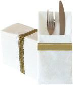 Mudhen 50 Packs Disposable Linen-Feel Dinner Napkins with Built-in Flatware Pocket, Printed Prefolded Cloth Like Paper Napkins for Wedding, Dinner or Party (Gold Strip)