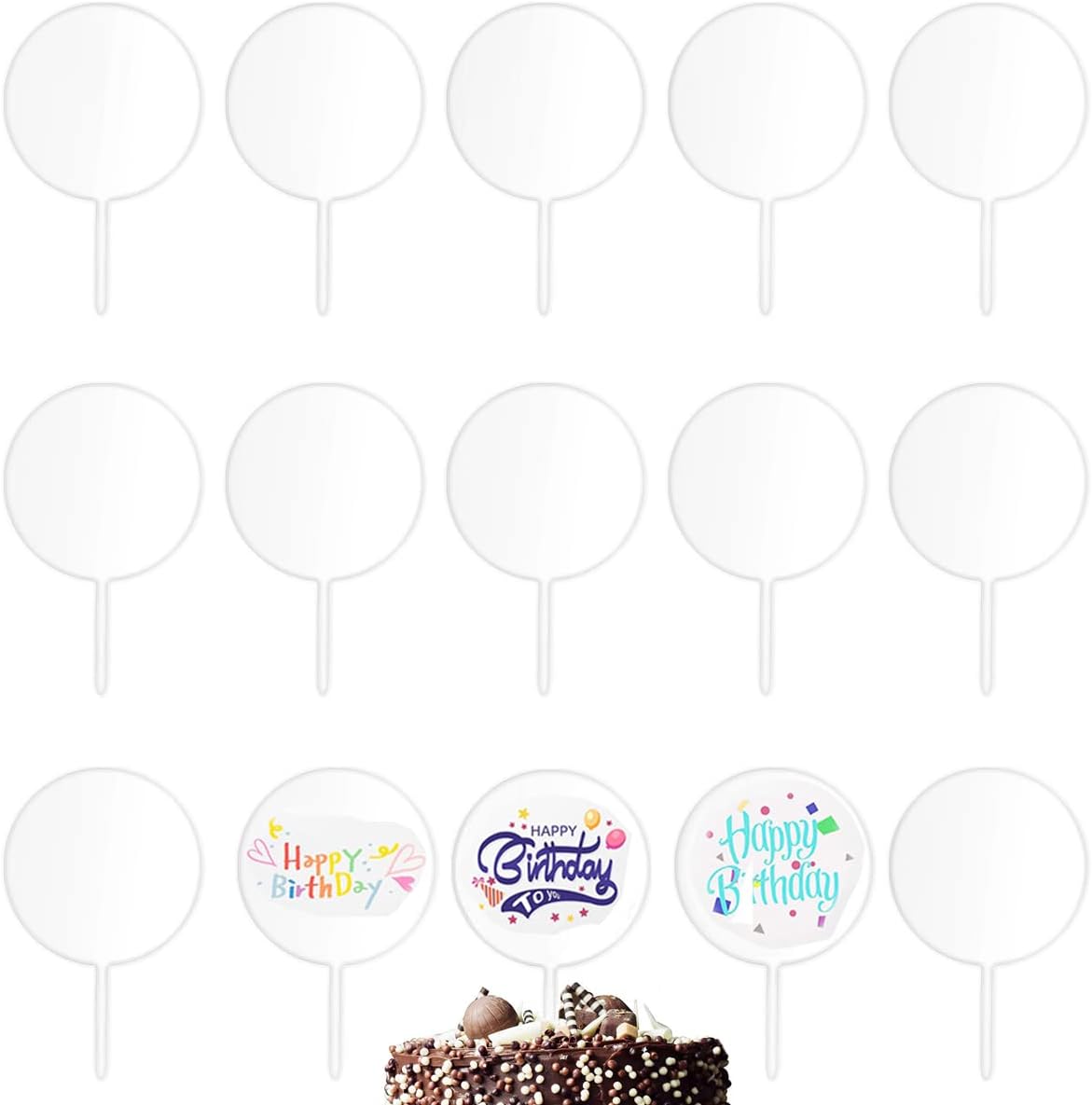 Clear Acrylic Cake Toppers, 15 PCS Blank Acrylic Cake Topper Round DIY Birthday Cake Toppers Personalized Cake Cupcake Toppers Blanks for Custom Wedding Anniversary Birthday Graduation Cake Decoration