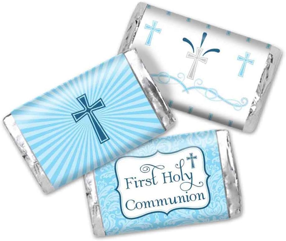First Holy Communion Mini Chocolate Candy Bar Sticker Wrappers for Boys, 45 1.4" x 2.6" Wrap Around Labels by AmandaCreation, Great for Party Favors