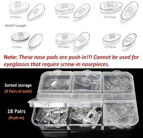Push-in Eyeglass Nose Pads - PFDHQS 18 Pairs Glasses Nose Pads Replacement Kit - 6 Options Available for Replacing and Having Spare Nose Pads for Sunglasses