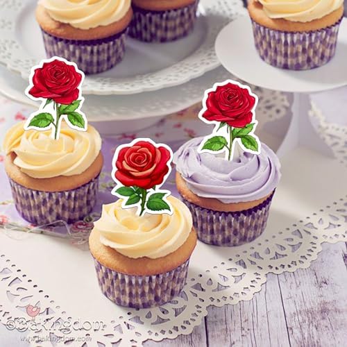50 PCS Edible Rose Cupcake Toppers Wafer Paper Red Roses Cupcake Picks Valentine's Day Edible Flowers Cake Decorations Rose Theme Baby Shower Birthday Mother's Day Party Decorations Supplies