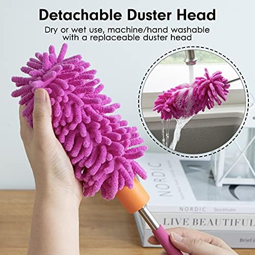 Microfiber Duster for Cleaning, Tukuos Hand Washable Dusters with 2pcs Replaceable Microfiber Head, Extendable Pole, Detachable Cleaning Brush Tool for Office, Car, Window, Furniture, Ceiling Fan