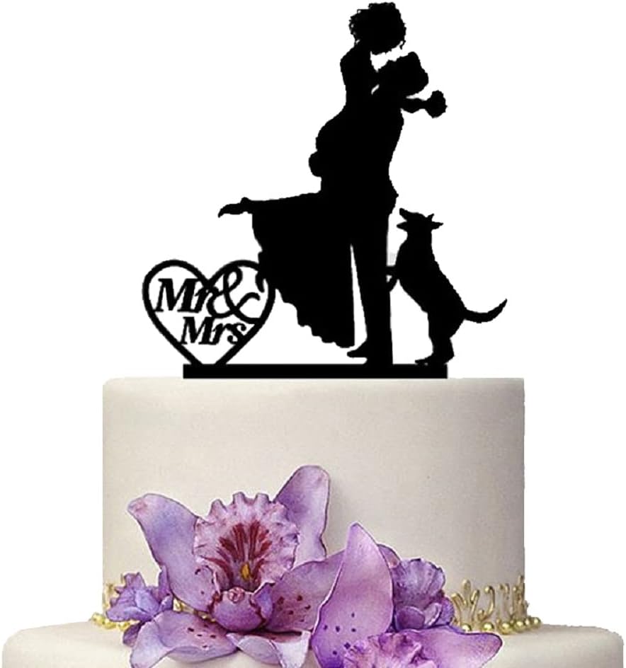 Mr And Mrs Wedding Cake Toppers With Pet Dog Animal Black Color Acrylic Silhouette Wedding Party Engagement Decoration