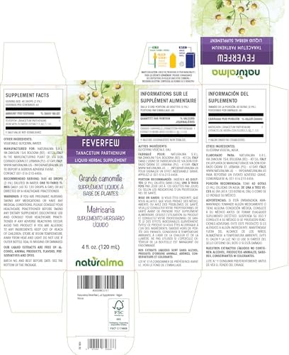 Naturalma Feverfew (Tanacetum parthenium) herb with Flowers Alcohol-Free Tincture - 4 fl oz Liquid Extract in Drops - Herbal Supplement - Vegan