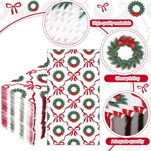 Potchen 100 Pcs Christmas Guest Paper Napkins Disposable Bathroom Hand Towels 3 Ply Bow Dinner Napkins for Xmas Bathroom Kitchen Decoupage Birthday Holiday Party Supplies(Christmas Wreaths and Bows)