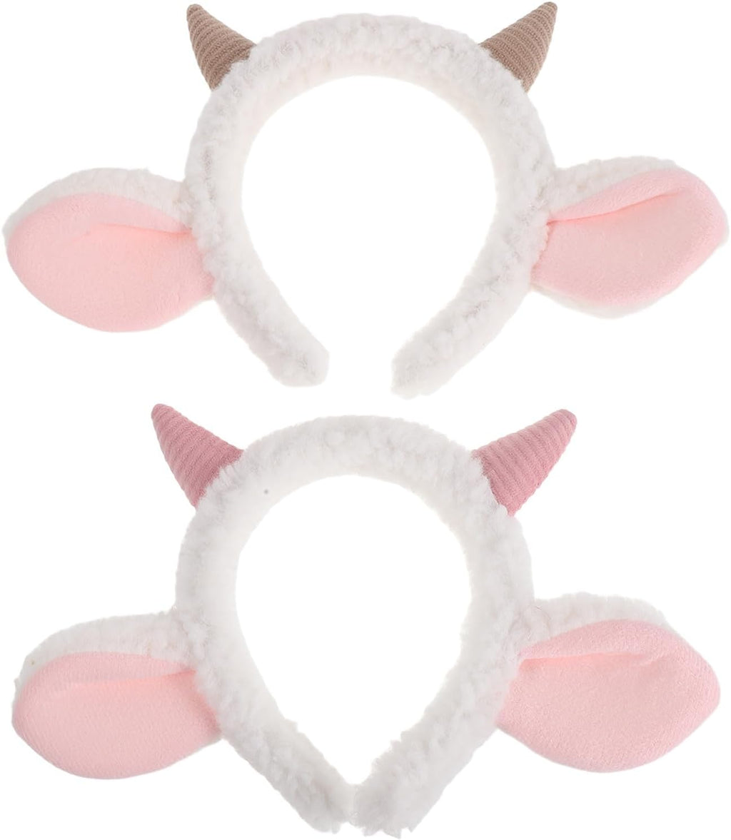 2pcs Goat Ears Headband with Ram Horns - Plush Animal Ears Headbands - Furry Lamb Horn Hair Hoop - Sheep Theme Party Costume Decoration