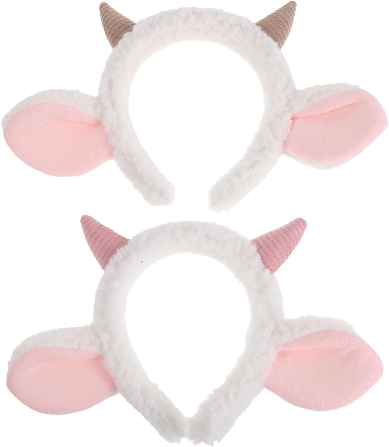 2pcs Goat Ears Headband with Ram Horns - Plush Animal Ears Headbands - Furry Lamb Horn Hair Hoop - Sheep Theme Party Costume Decoration