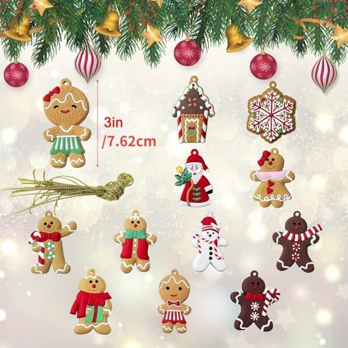 12pcs Christmas Gingerbread Hanging Ornaments, Cute Snowman & Santa Claus Figurines with Sugar Cookie House, Festive Xmas Tree Hanging Decor for Holiday Party and DIY Crafts