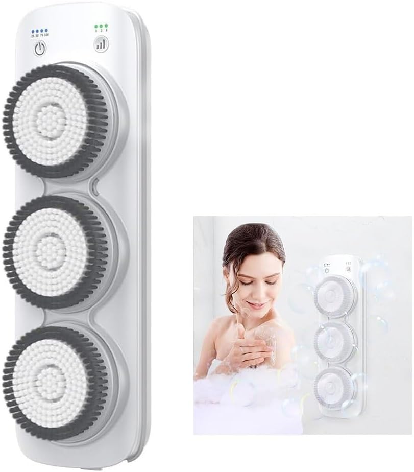 Electric Body Bath Brush, Wall-Mounted Bathing Brush with Three Spin Skin Bath Brush Heads, 33CM Rechargeable Diameter Spinning Skin Brush, 64 cm Adjustable Up and Down, for Shower, Deep Cleansing.