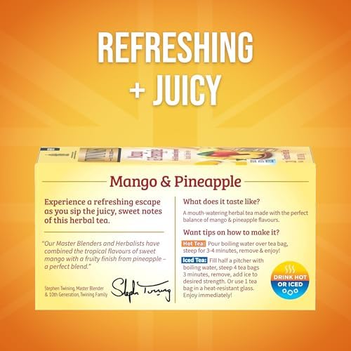Twinings Mango & Pineapple Herbal Tea Individually Wrapped Bags, 20 Count (Pack of 1), Naturally Caffeine-Free, Enjoy Hot or Iced, 20 Teabags