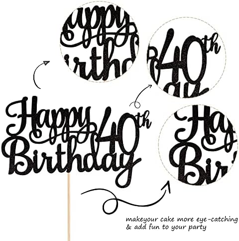1 PCS Happy 40th Birthday Cake Topper Glitter Cheers to 40 Years Birthday Cake Pick 40 Fabulous Cake Decoration for Happy 40th Birthday Anniversary Party Decorations Supplies Black