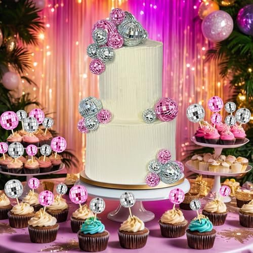 36 PCS Disco Ball Cupcake toppers 1970s Retro Cake Decorations Shiny Mini Disco Ball Picks for Disco Theme Party Dessert Birthday Decorations Ornament
