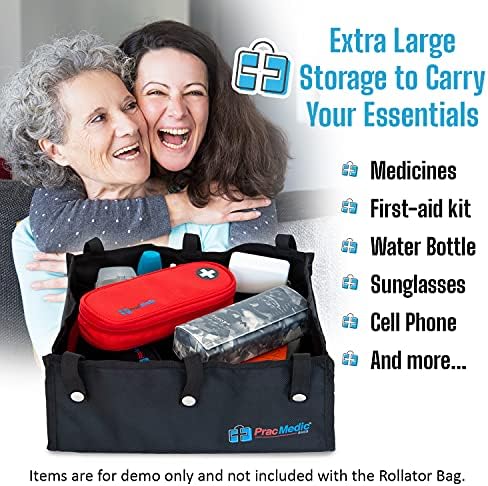 Extra Large Under Seat Rollator Bag Basket for Folding or Bariatric Walker, Rolling Walker Accessories for Seniors, Storage Bag for Medical Essentials, Oxygen Tank, Shopping by PracMedic Bags (Black)