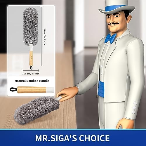 MR.SIGA Lint Free Microfiber Duster, Washable and Reusable Duster with Bamboo Handle and Replaceable Head, Duster for Household Cleaning