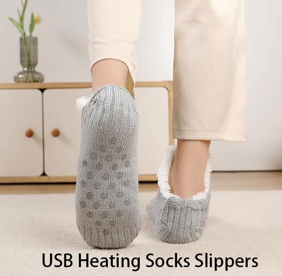 USB Heated Socks Slippers Winter Electric Heating Pad Thermal House Heating Slipper Socks Plush Knitted Foot Heater Slippers Anti-Slip Bootie Footwear Warmers Footwear Shoes for Indoor Room