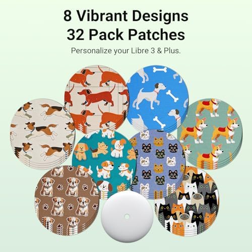 32 Pack Libre 3 & Plus Sensor Covers Waterproof, Freestyle Libre 3 Protective Cover Patches with Hardshell, Reduce Compression Lows Shockproof Breathable & Sweatproof Up to 14 Days (Dogs Cats)