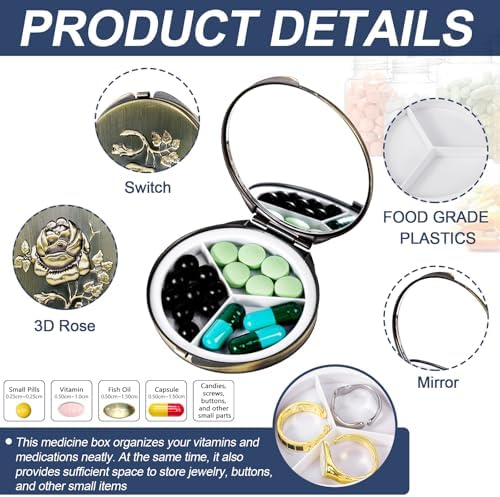 Portable Round Metal Pill Case with Mirror, Featuring 3 Compartments—Perfect for Travel. BPA-Free. (S-Bronze, Small)