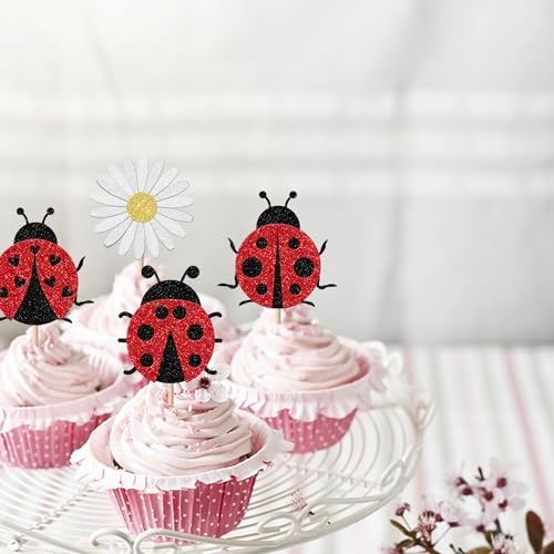 24 Pack Ladybug Cupcake Toppers Glitter Insects Ladybug Cupcake Picks Baby Shower Kids 1st Birthday Flowers Party Cake Decorations Supplies